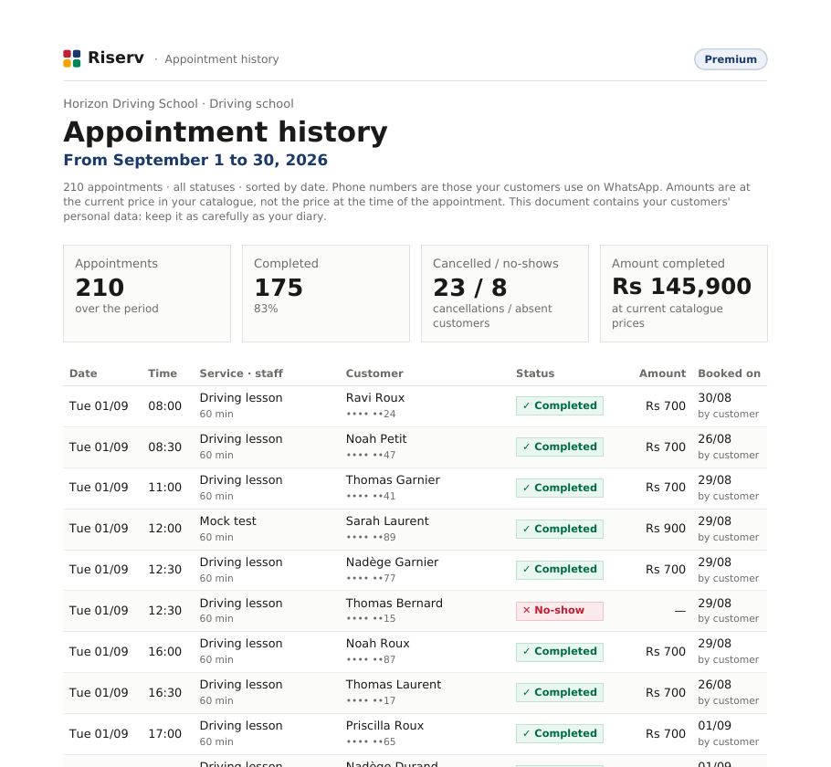Top of the first page of the “History” for Horizon Driving School: every appointment with date, time, customer, status and amount.