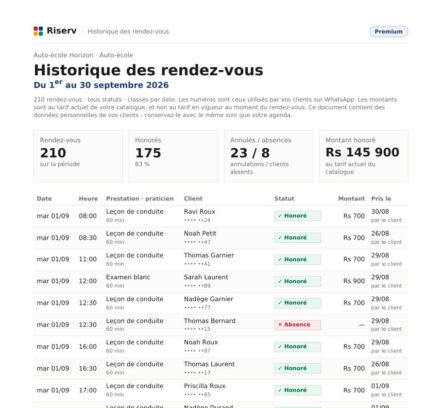 Haut de la première page de l'« Historique » de Auto-école Horizon : chaque rendez-vous avec date, heure, client, statut et montant.