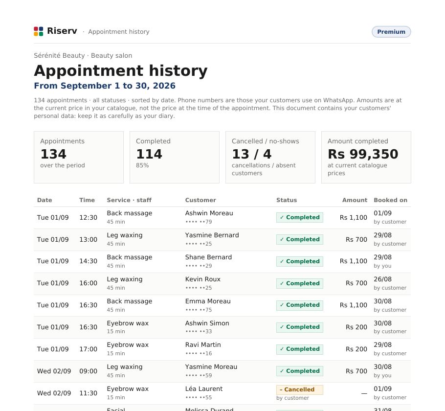 Top of the first page of the “History” for Sérénité Beauty: every appointment with date, time, customer, status and amount.