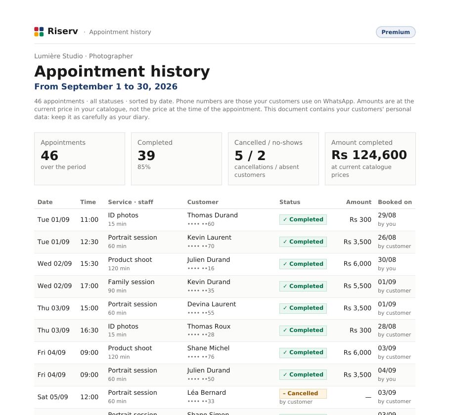Top of the first page of the “History” for Lumière Studio: every appointment with date, time, customer, status and amount.