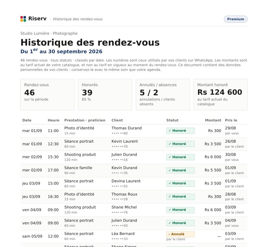 Haut de la première page de l'« Historique » de Studio Lumière : chaque rendez-vous avec date, heure, client, statut et montant.